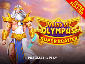 Tampilan Gates of Olympus Super Scatter dengan Zeus dan simbol pengganda.